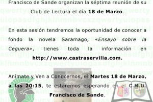 Cartel de Ensayo sobre la Ceguera. 18 de Marzo de 2014. Club de Lectura Castra Servilia.