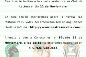 Cartel de La Historia de tu Vida. 22 de Noviembre de 2014. Club de Lectura Castra Servilia - CMU San José.