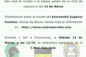 Cartel de Venas de Nieve. 14 de Febrero de 2015. Club de Lectura Castra Servilia - CMU San José.