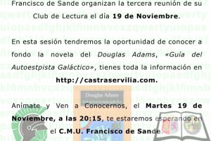 Cartel de Guía del Autoestopista Galáctico. 19 de Noviembre de 2013. Club de Lectura Castra Servilia.