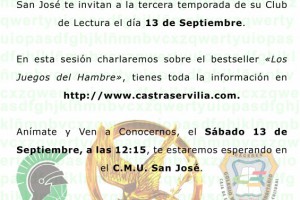Cartel de Los Juegos del Hambre.  13 de Septiembre de 2014. Club de Lectura Castra Servilia - CMU San José.