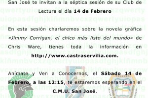 Cartel de Jimmy Corrigan. 14 de Marzo de 2015. Club de Lectura Castra Servilia - CMU San José.